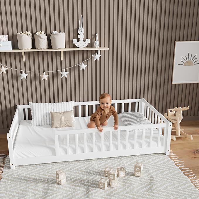 LLS Twin Floor Bed for Kids Solid Wood Montessori Bed Frame with Safety Guardrails Multifunctional Montessori Floor Bed for Toddlers, Without Door, Easy Assemble, White