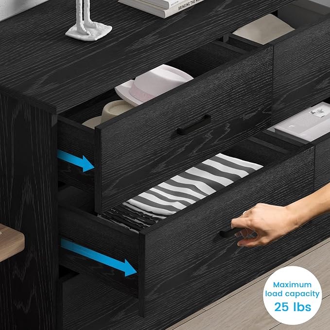 Bigbiglife Wood Dresser for Bedroom, 6 Drawer Double Dresser, Modern Chest of Drawers with Deep Drawers, Large Storage Organizer for Living Room, Closet (Black)