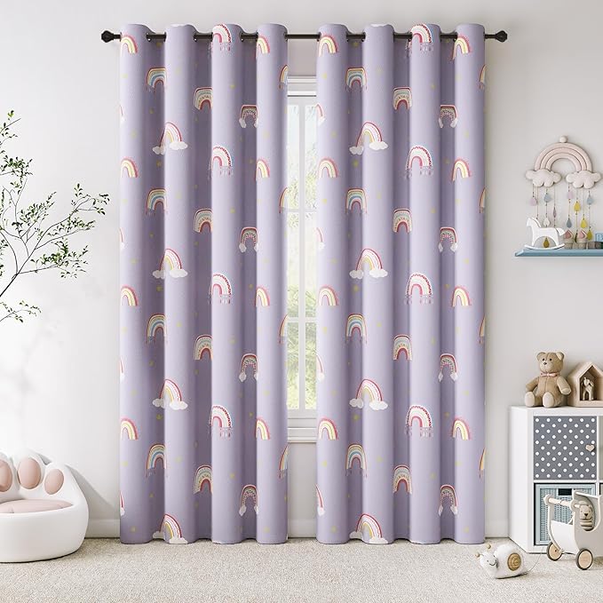 Vangao Boho Girls Blackout Curtains Purple for Kids Room 84 Inch Length, Rainbow Window Drapes for Living Room Nursery Thermal Grommet Insulated Room Darkening Curtains Bedroom, 2 Panels