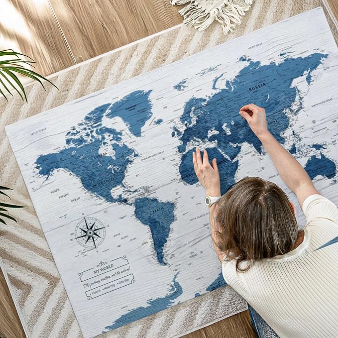 ElephantStock - My World Push Pin Map IV Wall Art - Horizontal Canvas Wall Art - Living Room Wall Decor - Unique Map Canvas Art - Blue And Decor - 51" x 34"