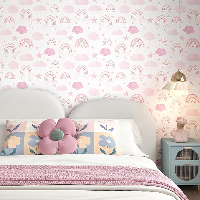 CHIHUT Watercolor Pink Rainbow Peel and Stick Wallpaper Boho Cute Rainbow Contact Paper for Cabinets Walls 17.7”x100” Kids Self Adhesive Removable Wallpaper Mural for Nursery Classroom Playroom