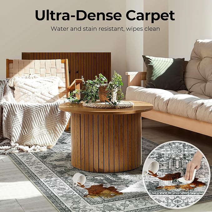 WITSHOCK Living Room Area Rugs 3x5: Washable Rug Boho Soft Non-Slip Low Pile Stain Resistant Foldable Carpet for Bedroom Playroom Dining Room Office Kitchen Foyer Entryway, Farmhouse Home Decor-Gray