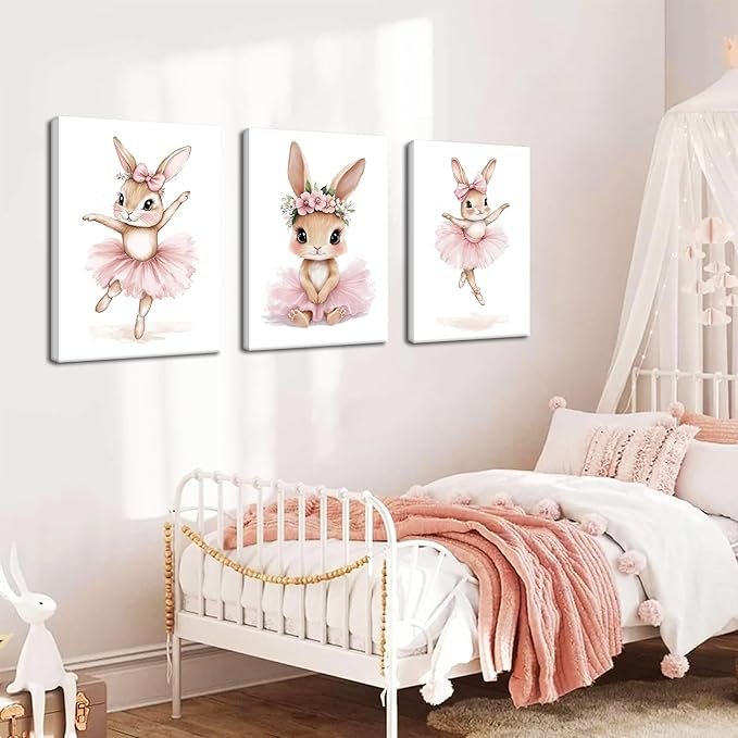 Baby Girl Nursery Wall Decor, Easter Nursery Canvas Wall Art Paintings Set of 3, Cute Animal Pink Bunny Posters Prints Pictures for Boys and Girls Room, Bedroom, Home Decor 12x16 In Framed