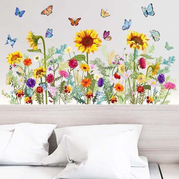 Flowers Vine Wall Stickers Sunflowers Daisy Wall Decals for Living Room, Butterfly Decor Posters Colorful Floral Wall Stickers Chrysanthemum Murals Decorations for Bedroom Office