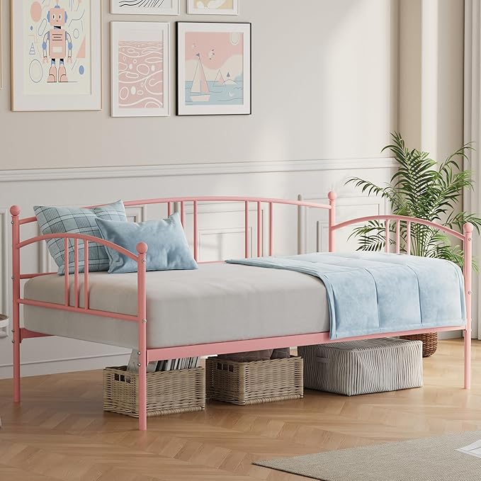 GarveeHome Twin Daybed, Sturdy Metal Day Bed with Steel Slat Support, Arched Headboard Sofa Bed for Living Room, Bedroom and Guest Room, Pink