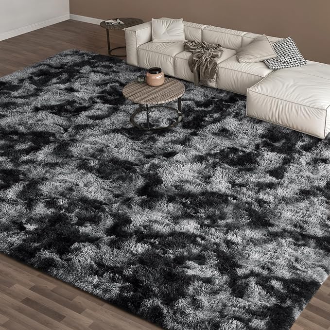 EVOIONOS 8x10 Washable Large Area Rug Living Room, Fluffy Shag Rug Bedroom, Ultra Soft Plush Non Slip Carpet Indoor Floor Bedside Nursery Kids Girls Room Dorm, Home Decor Aesthetic Tie-Dyed Dark Grey
