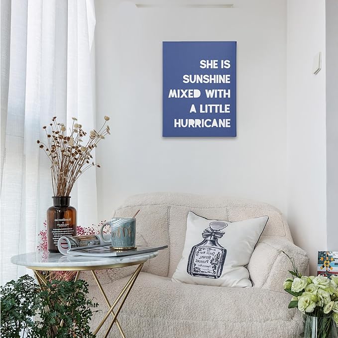 PHAMTE Girls Bedroom Wall Decor,She Is Sunshine Mixed With a Little Hurricane Girls Room Wall Art,Sunshine Print Framed Canvas Painting Artwork Girl Room Bedroom Home Nursery Playroom(11x14 Inch)（Blue-1）