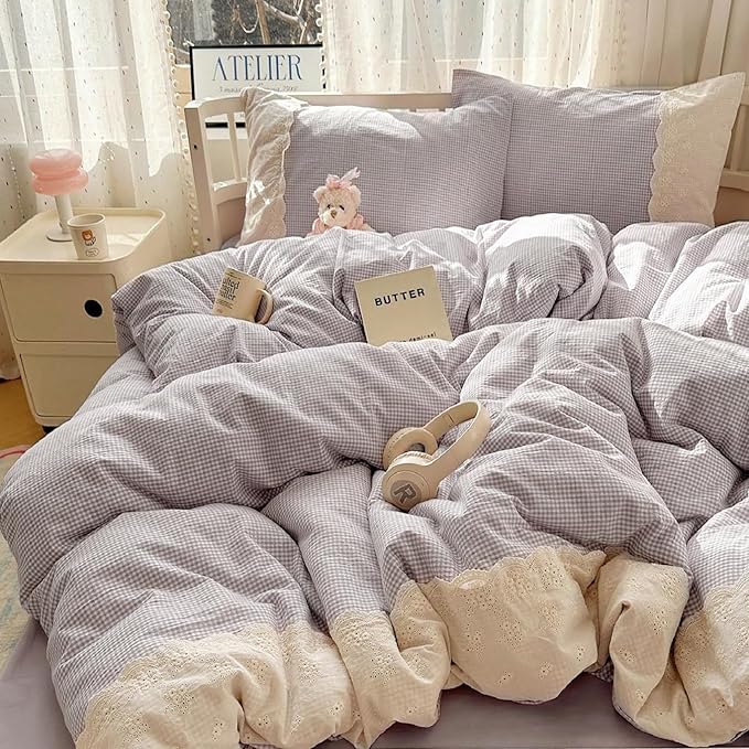 LifeTB Purple Gingham Duvet Cover King Cozy Washed Microfiber Purple Checkered Plaid Duvet Cover with 2 Pillowcases Romantic White Lace Comforter Cover 3 Pieces Gingham Grid Bedding Set