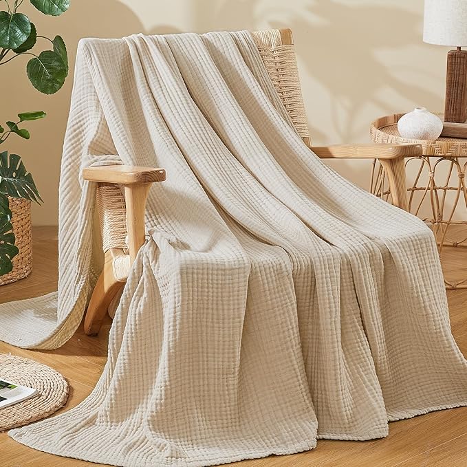 EMME Cotton Muslin Twin Blanket Breathable Gauze Soft Lightweight Blankets Adults Gifts for Women (Beige, 60"x80")