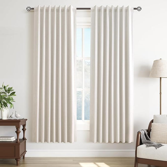Cream Linen 100% Blackout Curtains 72 Inch Long 2 Panels Set Beige Textured Black Out Soundproof Thermal Insulated Curtains for Living Room Bedroom Hook Belt Farmhouse Back Tab Drapes Nature 52x72 6Ft