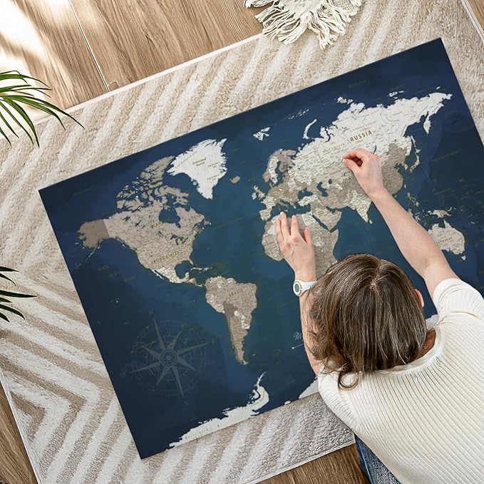 ElephantStock - My World Adventures Push Pin Travel Map I Wall Art - Horizontal Canvas Wall Art - Living Room Wall Decor - Printmaking Map Canvas Art - Blue And Beige Decor - 45" x 30"