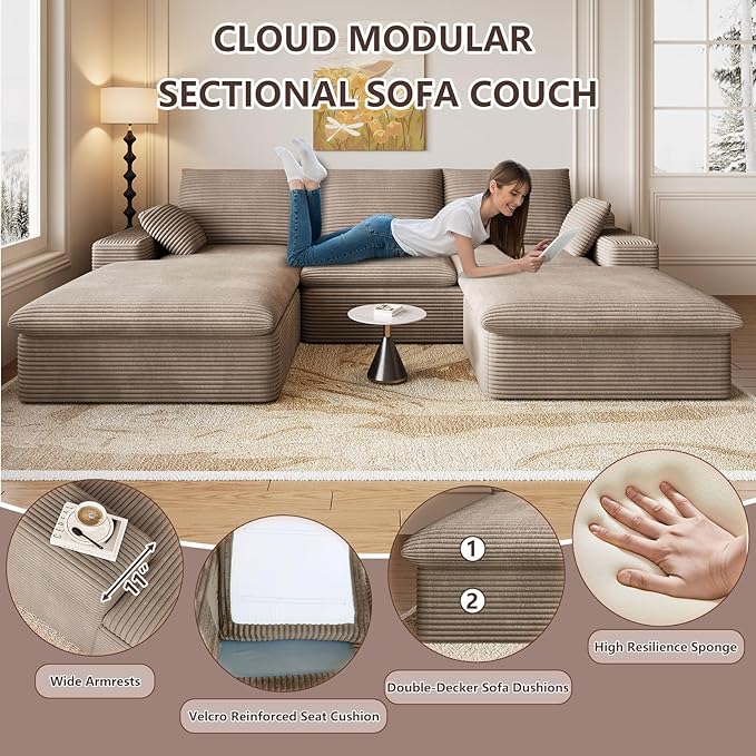 107" Cloud Modular Sectional Sofa with 1 Ottoman, Modern Upholstered Corduroy Couches, Comfort U Shaped Sofa for Living Room, Deep Seat Boneless Couch, No Assembly Required(Camel,Left Facing Chaise)