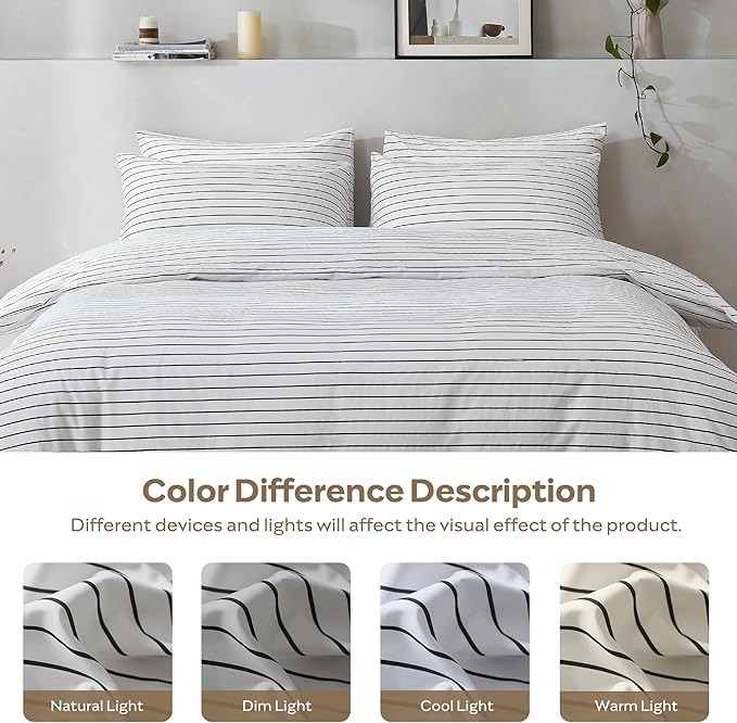 JELLYMONI 100% Natural Cotton 2pcs Striped Duvet Cover Sets, White Duvet Cover with Thin Black Stripes Pattern Printed Comforter Cover, with Zipper Closure & Corner Ties(Twin Size)