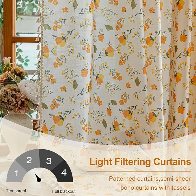 OYX Yellow Boho Pattern Floral Curtains 84 Inch Length 2 Panels for Living Room, Bedroom Light Filtering Drapes, Vintage Country French Tassels Patterned Rod Pocket Aesthetic Decor Window Treatments