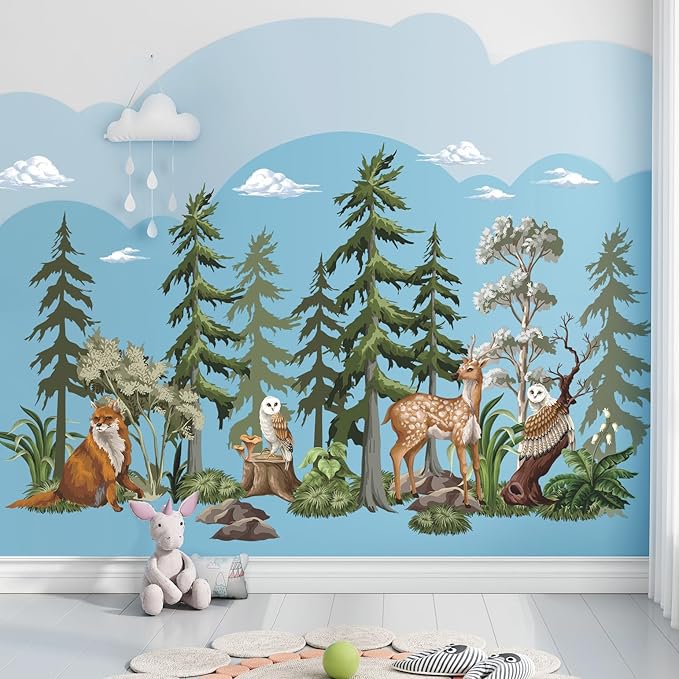 37x58.3 Inch Large Mountain Forest Tree Wall Decals Removable Woodland Animals Fox Deer Peel and Stick Wall Stickers Watercolor Jungle Animals Pine Tree Wall Decor for Kids Bedroom Decoration