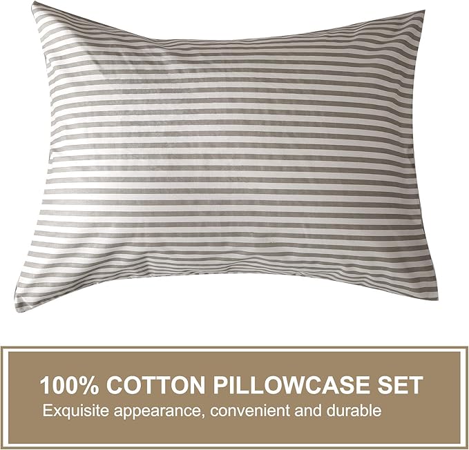 JELLYMONI 100% Natural Cotton 3pcs Striped Duvet Cover Sets,White Duvet Cover with Grey Stripes Pattern Printed Comforter Cover,with Zipper Closure & Corner Ties(Cal King Size)