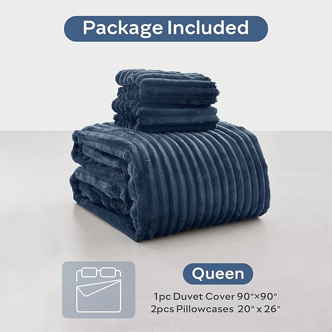 JELLYMONI Plush Duvet Cover Set - Queen Size Navy Blue Striped Fluffy Comforter Cover 3pcs Bedding Set Luxury Ultra Soft Faux Fur Duvet Cover with Zipper and 2 Pillowcases (NO Comforter)