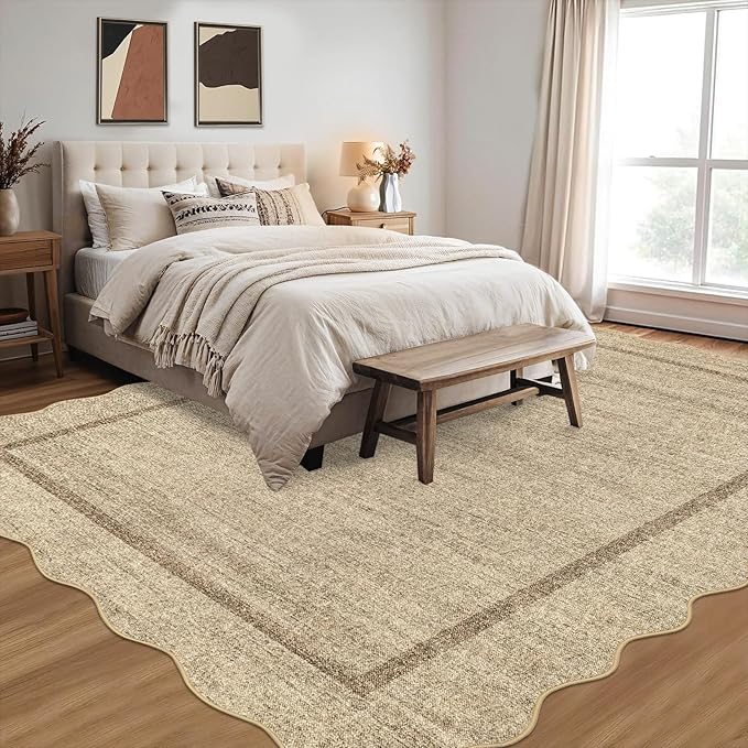 GarveeHome Scalloped Washable Rugs 8x10 Area Rugs for Living Room Modern Non Slip Throw Rugs Large Rug for Bedroom Low Pile Non Shedding Stain Resistant Carpet for Dining Room 8 ft x10 ft Jute