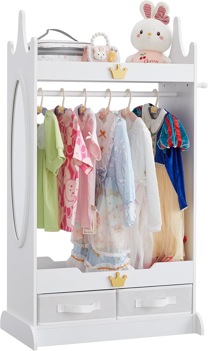 Kids Dress Up Storage with Mirror, Kids Armoire with Non-Woven Drawers, Open Costume Closet with Hanging Rack for Toddlers (White)