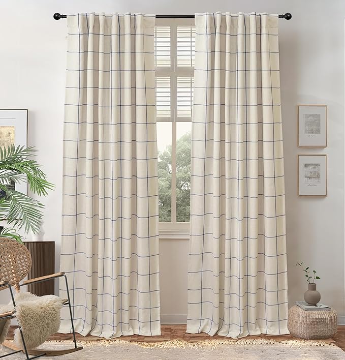 DriftAway 2 Panels 100% Blackout Windowpane Plaid Linen Curtains Double Layer Drapes for Bedroom 96 Inches Long Farmhouse Thermal Insulated 3.25 Inch Rod Pocket Back Tab for Living Room Navy Blue