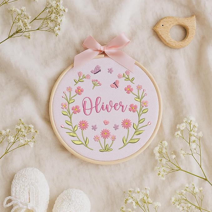 Personalized Baby Name Sign Welcome Baby Announcement Sign Newborn Baby Embroidery Hoop with Bows Baby Hospital Name Sign Custom Infant Baby Name Baby Shower Gifts (04)