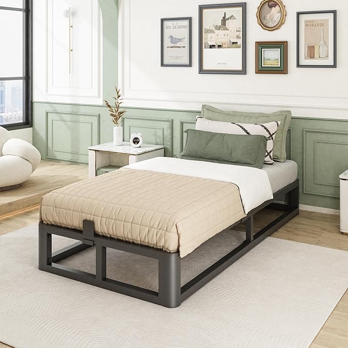 Upgrade Anti Bending and Round Corner Legs 10 inch Metal Twin XL Bed Frame 3500 LBS Heavy Steel Slats Support Platform Bed Frames No Box Spring Needed Platform Noise Free Easy Assembly