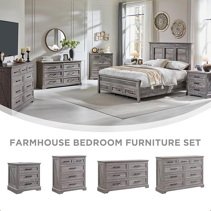 ACCOHOHO Farmhouse 9 Drawer Dresser for Bedroom, 36 Inch Tall Modern Dresser TV Stand with Large Drawers & Bar Handles, Rustic Wood Chest of Drawers for Bedroom, Living Room, Hallway, Grey