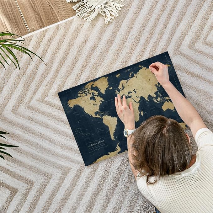 ElephantStock - Adventure Awaits World Map With Push Pins Wall Art - Horizontal Canvas Wall Art - Living Room Wall Decor - Digital Art Map Canvas Art - Gold And Blue Decor - 24" x 16"
