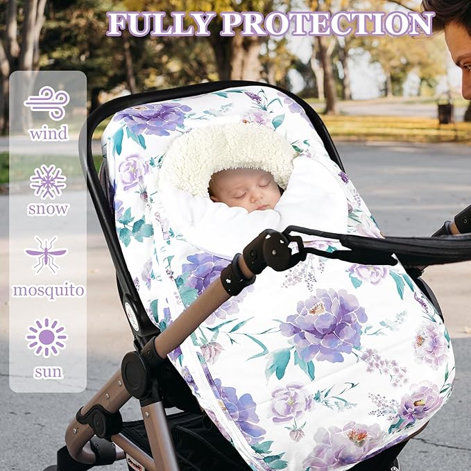 Winter Car Seat Cover for Babies Girl Boy, Super Warm Plush Fleece Infant Carseat Cover for Stroller Car Seat, Double Sides Zipper Winter Car Seat Canopy for Newborn, Purple Floral