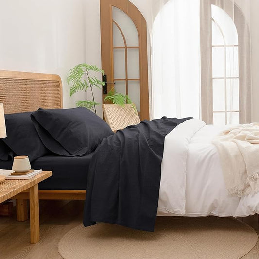 BESTOUCH Sheet Set 100% Washed Cotton Linen Feel Super Soft Comfortable Chic Lightweight 4 Pcs Home Bedding Set Solid Deep Black King