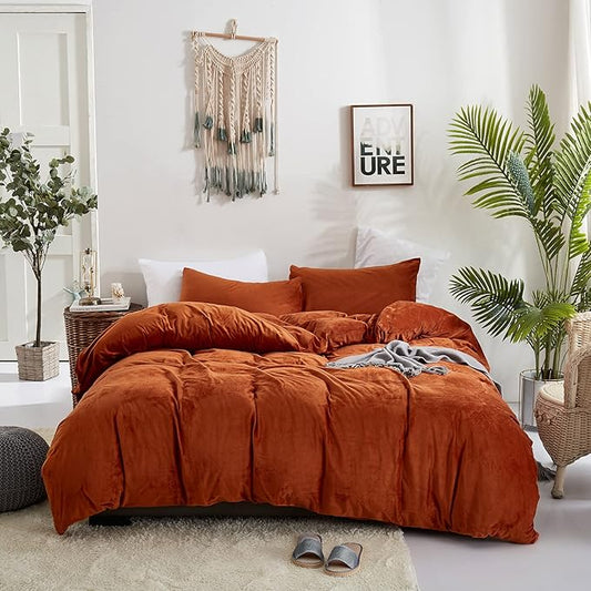 Houseri Velvet Rust Duvet King Size - Fluffy Terracotta Bedding Sets - Flannel Burnt Orange King Size Duvet Cover