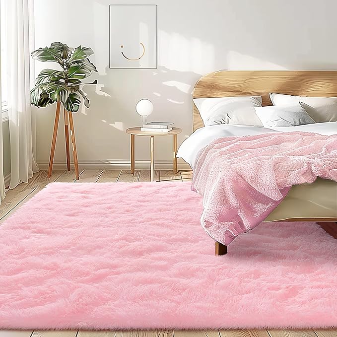 3x5 Fluffy Pink Area Rug - Soft Cute Shag Fuzzy Rug for Bedroom - Anti-Skid Living Room Girls Rug Pink Home Decor