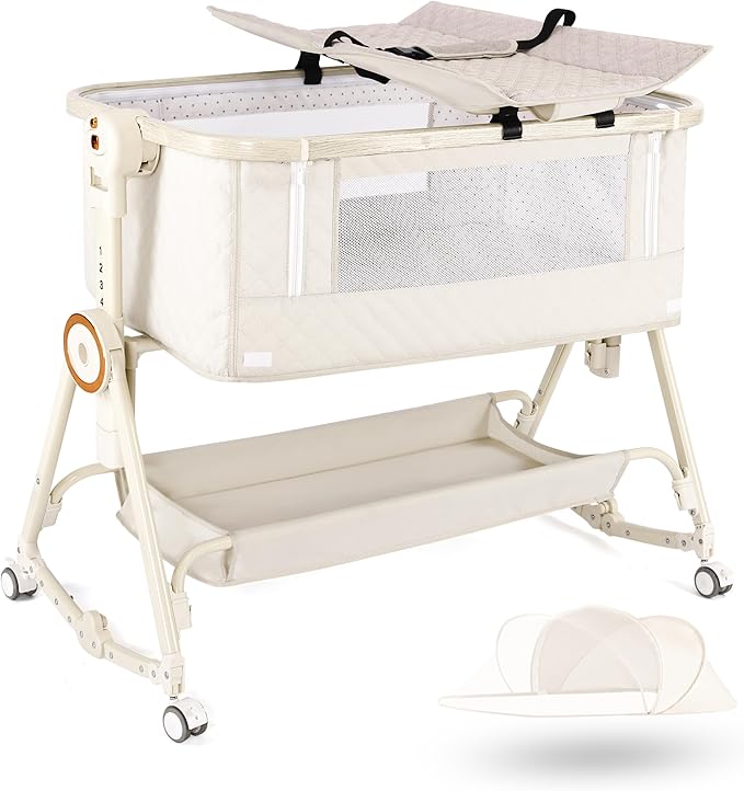 Baby Bassinets Bedside Sleeper 5 in 1,Bedside Bassinet for Baby with Mattress,Diaper Table, Storage Layer,Mosquito Net,7-level adjustable height , one-touch folding for travel with infants(Beige)