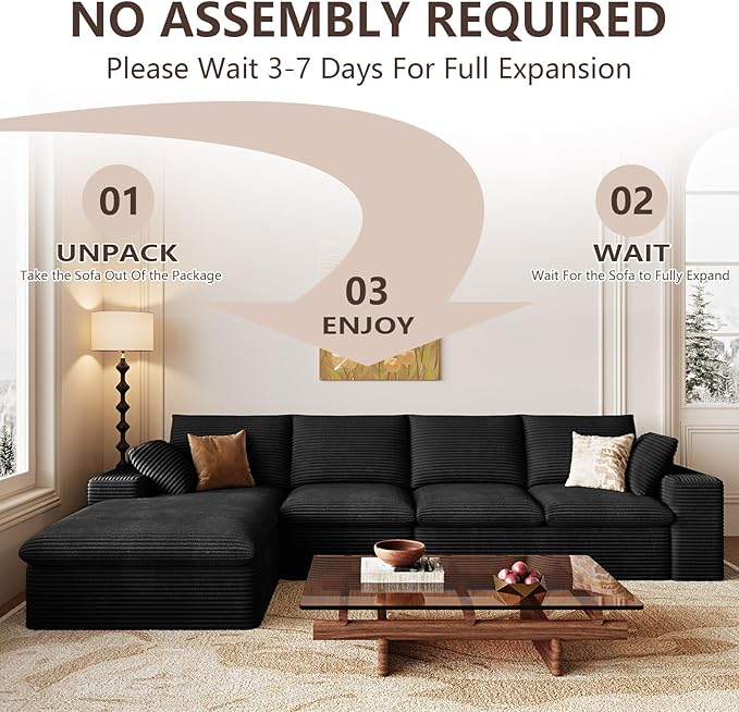 136 Inch Cloud Sectional Couch, Modern Modular Sectional Sofa with Deep Seat, Corduroy Boneless Couches with L-Shape Chaise for Living Room Bedroom, No Assembly Required (Black, Left Facing Chaise)