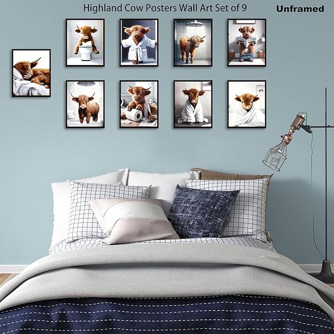 Funny Bathroom Highland Cow Wall Art, Vintage Brown Cow Animal Canvas Posters Prints Home Decor Set of 9, for Farmhouse Kids Bathroom Decoration Restroom Artwork 8x10In Unframed
