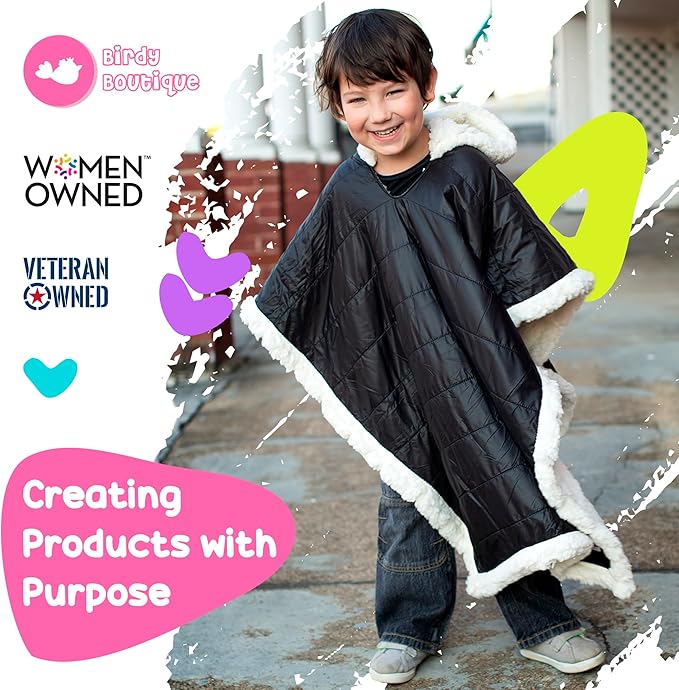 Birdy Boutique Car Seat Poncho for Kids – Reversible Warm Blanket with Hoodie – Safe to Use Over Seat Belts – Easy On, Easy Off, and Doesn’t Impact Seat Performance - Black – One Size
