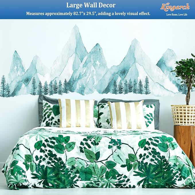 Large Mountain Wall Decals, Spa Green Pine Tree Peel and Stick Vinyl Wall Stickers & Murals, Removable Home Room Wall Decor for Bedroom Living Room Bedroom Classroom Office Nursery