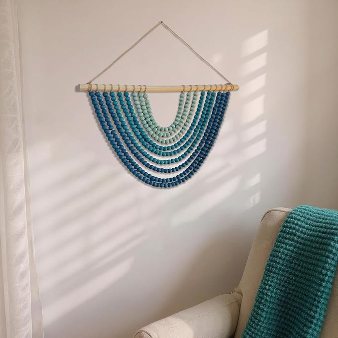 Boho Ombre Wood Bead Wall Hanging, Handmade Unique Giant Art Decor for Bedroom, Nursery, Living Room, or Entryway (Curve Coastal Blue Gradient, 24 Inches)
