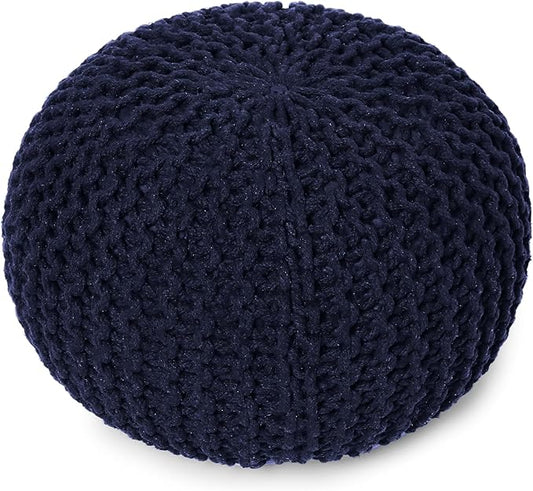 REDEARTH · Round Pouf Foot Stool Bean Bag Ottoman - Cable Knitted Cord Boho Pouffe - Poof Accent Bean Bag - Handmade by Artisans for Living Room - Bedroom (19.5"x19.5"x14") - Navy Blue