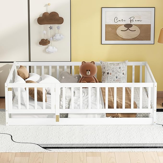 Full Size Floor Bed Frame with Door and Slats,Montessori Floor Bed with Safety Guardrails for Girls Boys,Solid Wood Kids Montessori Bed Full Size,White