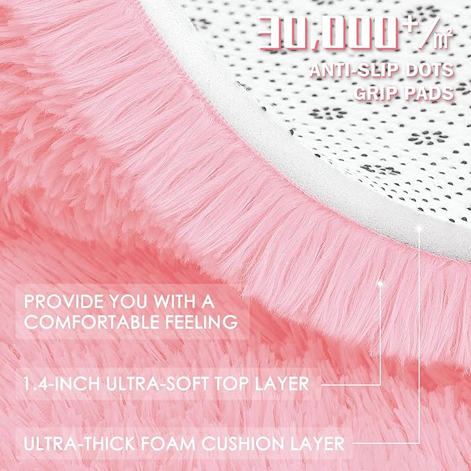 OLANLY Pink Round Rugs for Bedroom - Machine Washable, 6 ft Circle Area Rugs for Living Room, Soft and Fluffy Shaggy Carpet for Teen Girls and Boys, Nursery Rooms, Dorms, Home Decor Aesthetic