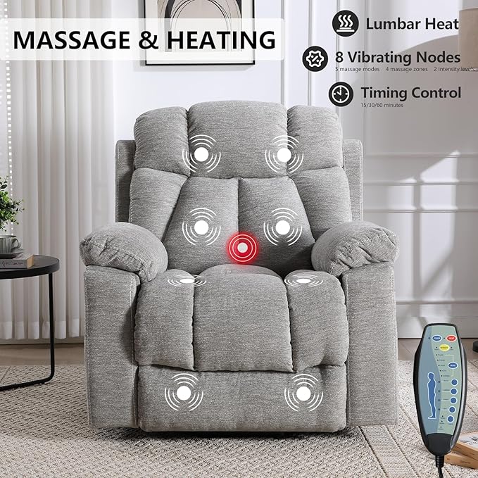 CANMOV Large Power Lift Recliner Chairs with Massage and Heat for Elderly Big People, Heavy Duty Motion Reclining Mechanism-Anti Skid Fabric Recliner Chair with 2 Concealed Cup Holders, Smoke Gray