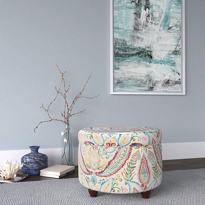 HomePop Home Decor | Upholstered Round Storage Ottoman | Ottoman with Storage for Living Room & Bedroom, Bold Paisley