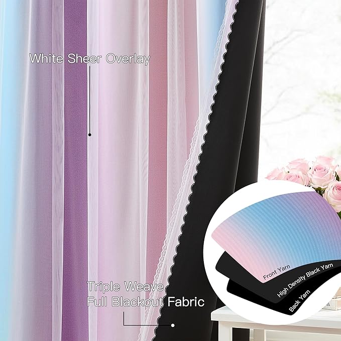 XiDi Blackout Curtains with Sheer Overlay for Girls Bedroom 2 Panels 63 Inches Long Ombre Pink Purple Curtains Colorful Rainbow for Kids Room Unicorn Princess Theme Home Decor Grommet Drapes W52XL63