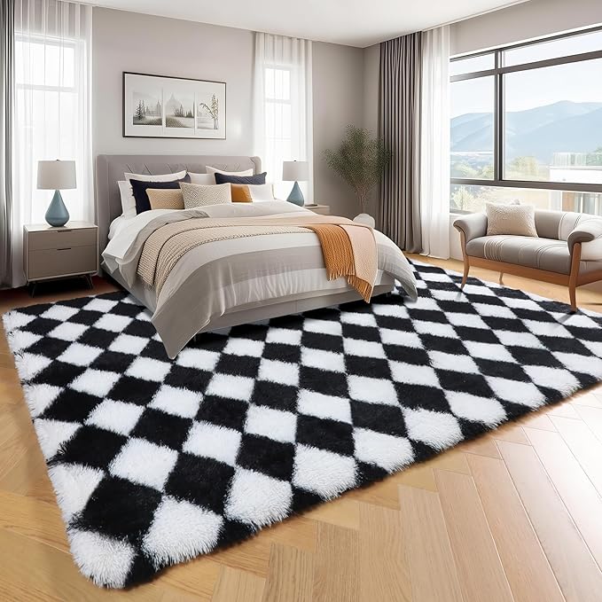KICMOR 5x7 Area Rugs for Living Room Bedroom, Black and White Fluffy Soft Checkered Fuzzy Shag Shaggy Carpet, Indoor Plush Large Rug for Kids Boys Girls Teen Dorm Nursery Home Decor Aesthetic
