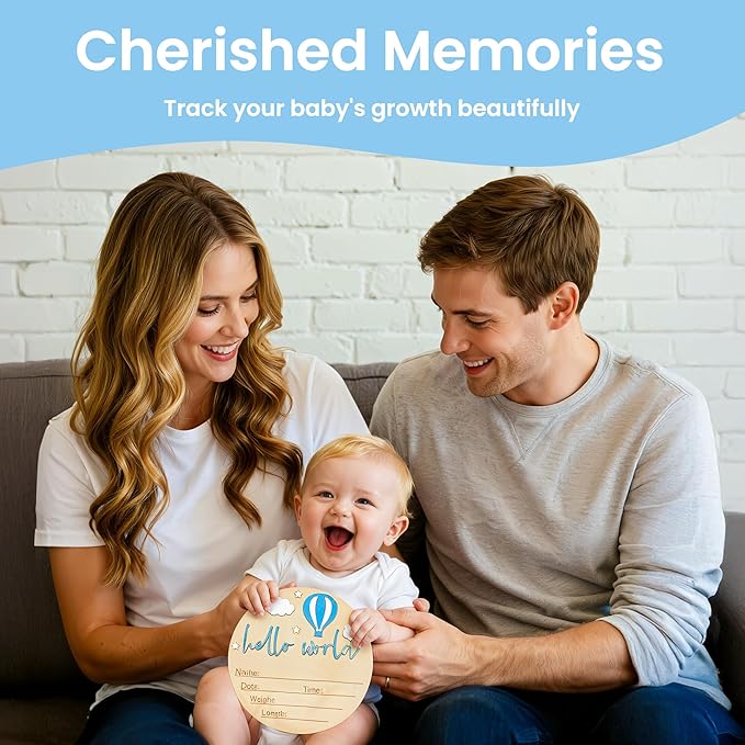Baby Announcement Sign with Pen, 5.9 Inch Wooden Hello World Newborn Sign for Hospital, 3D Birth Announcement Board, Welcome Baby Name Signs for Nursery, Newborn Boy & Girl,Blue Balloon