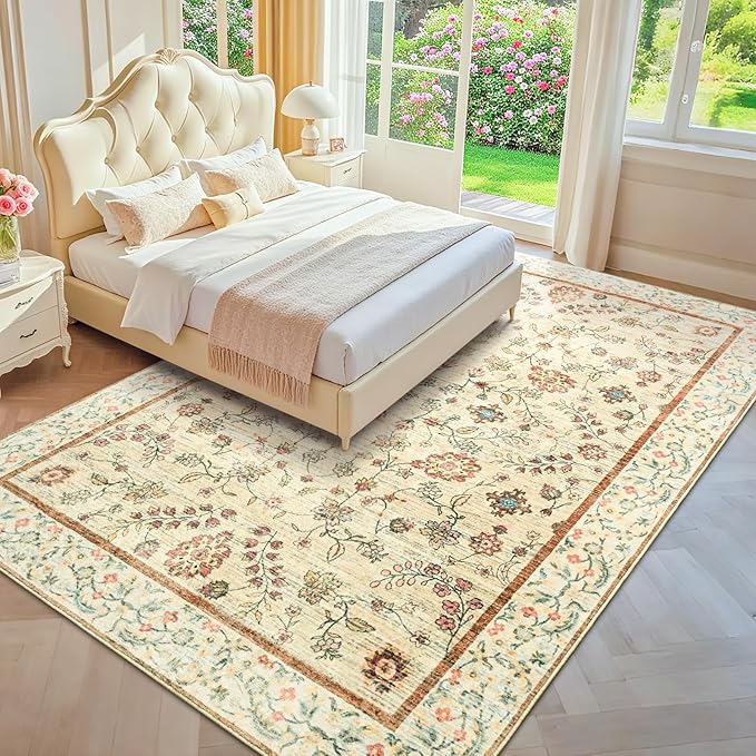 6x9 Rugs for Living Room, Beige Washable Floral Area Rug for Bedroom, Soft Non Slip Indoor Low Pile Carpet for Kitchen Dining Room, Large Boho Throw Carpets for Kids Nursery Office Dorm Home Decor