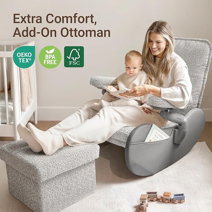 MAMAZING Nursery Rocking Chair Glider with Adjustable Armrests for Breastfeeding, Upholstered Nursing Chair with Removable Cover for Mom and Baby(Grey/Grey)