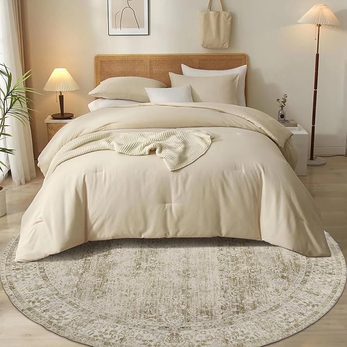 Kitchen Living Room Bedroom Dining Room 6' Round Vintage Rug Indoor Floor Cover Floral Print Circle Rug 6' Round Cream&Light Tan