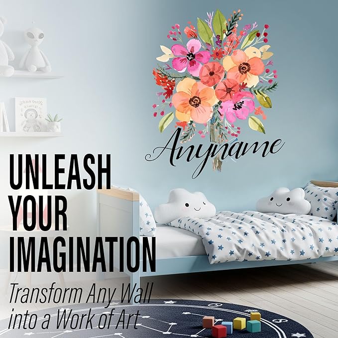 Custom Colorful Floral Name Wall Decal Personalized Flower Aesthetic Name Transparent DTF Vinyl Removable Nursery Wall Decal for Kids Room, Teen Bedroom, Car, Cute Home Decor Gift